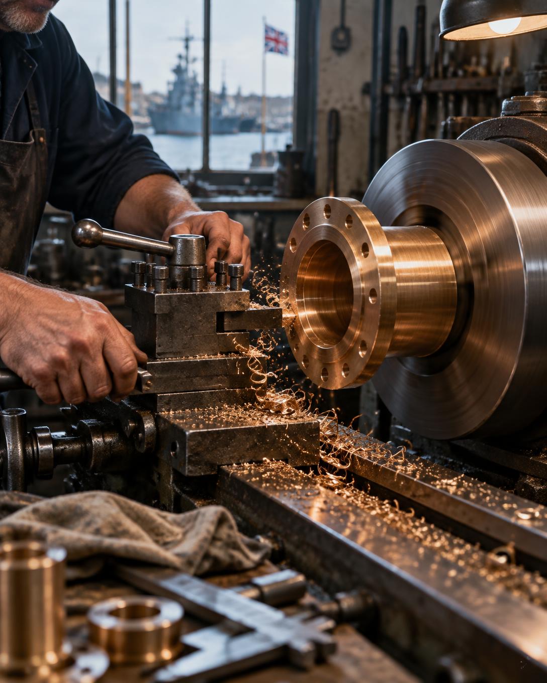 Marine engineer machining a bronze component in the Sillette workshop