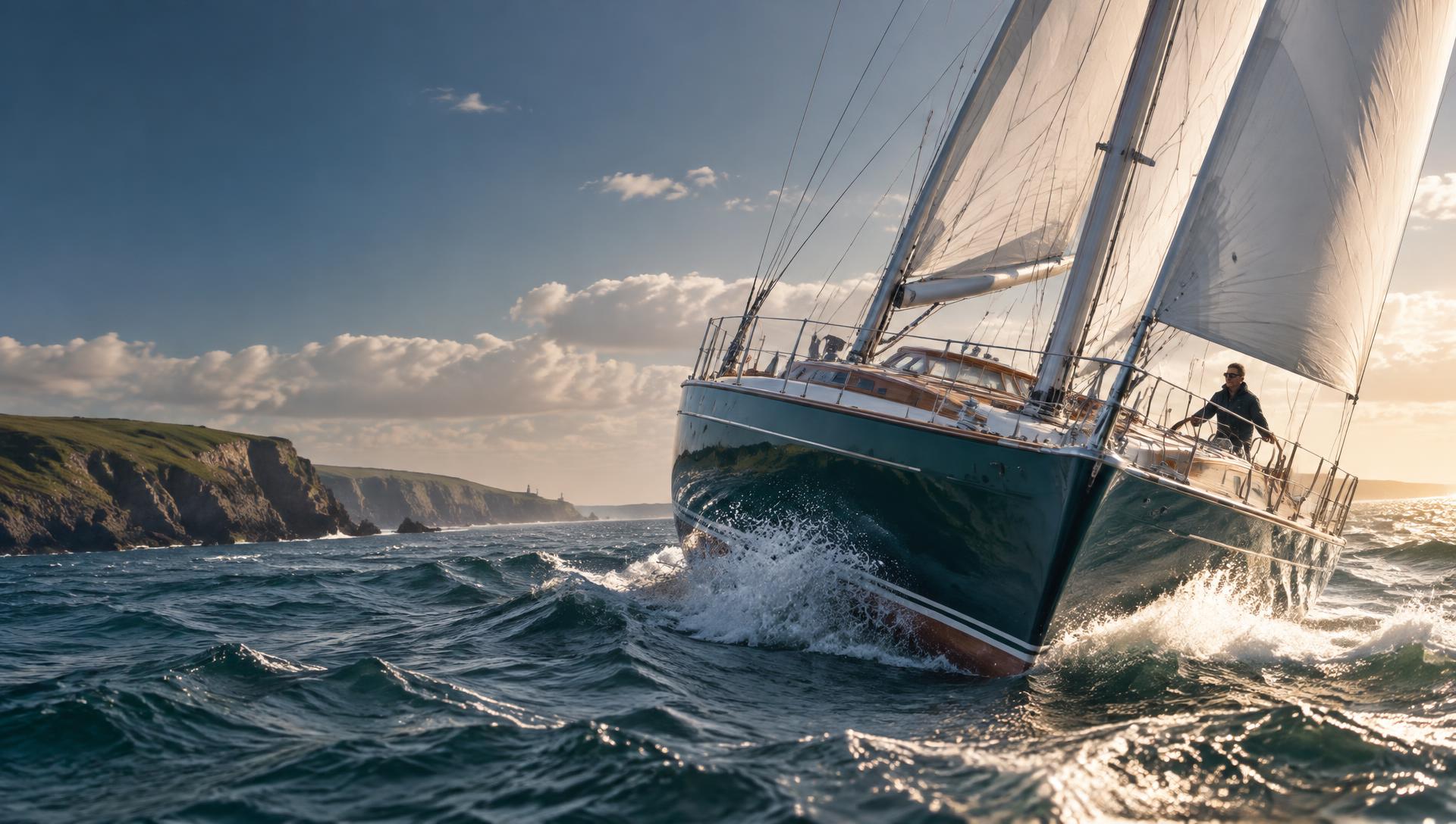 Modern classic sailing yacht underway off the British coast